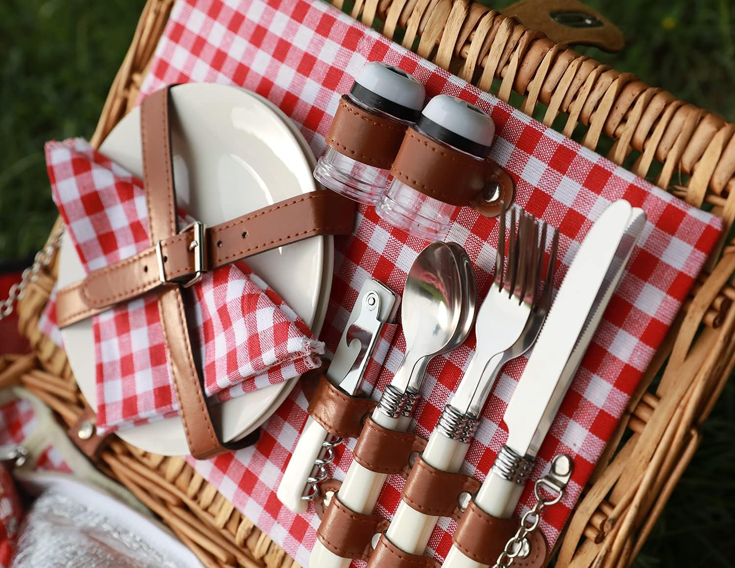 Wicker Picnic Basket for 2, Willow Hamper Basket Sets with Insulated Compartment, Handmade 2 Person Picnic Basket Classical Red Check with Utensils Cutlery Perfect for Picnic, Camping image number 4