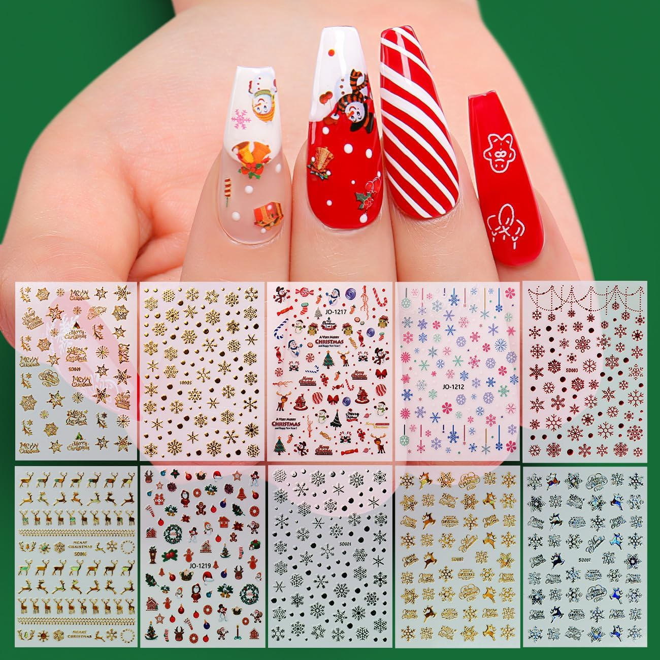 AIMEILI Christmas Nail Art Sticker 3D Snowflakes Nail Decals Colorful Snowmen Reindeer Bell Merry Christmas Tree Holiday Nail Stickers for Nail Art 40 Sheets image number 1