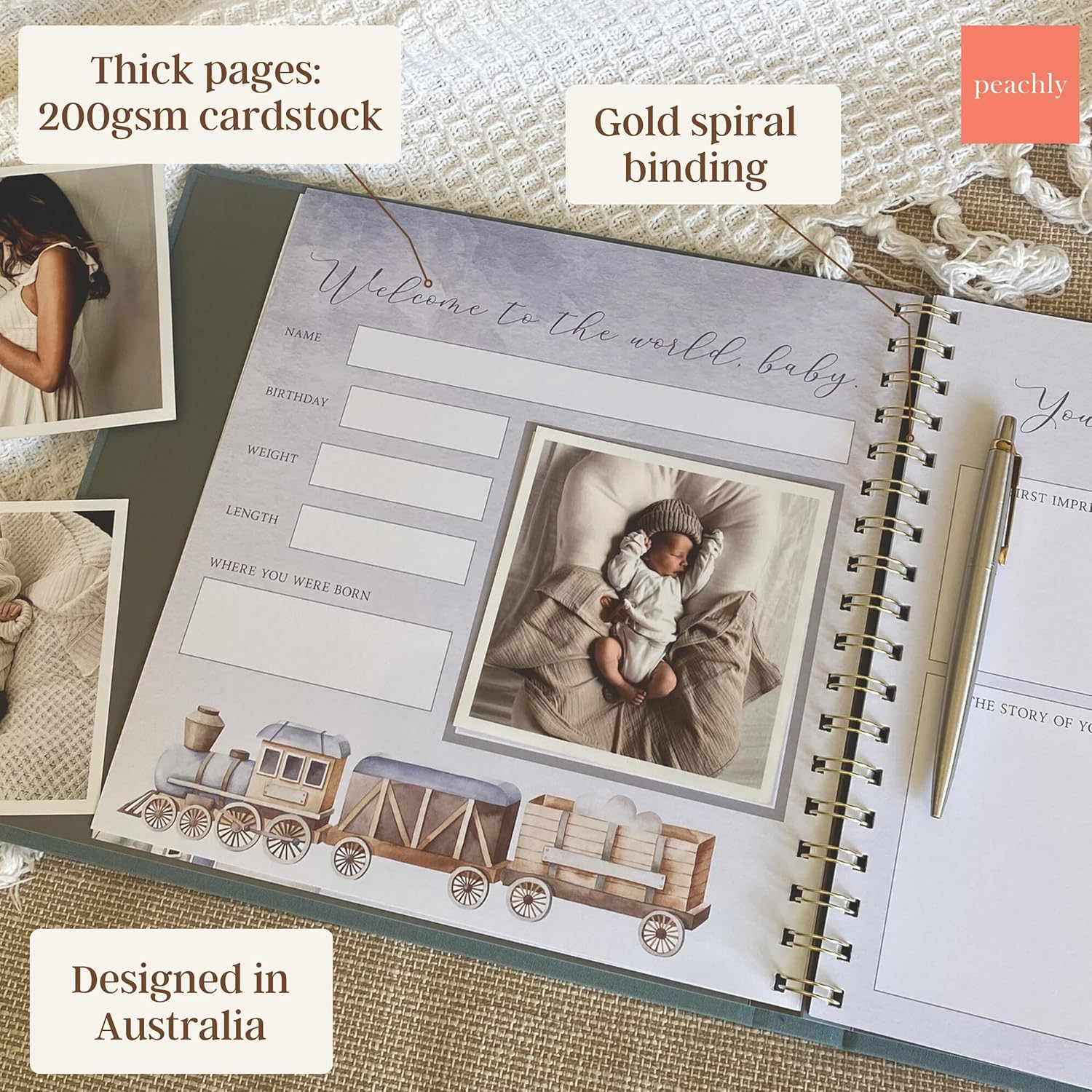 Peachly Baby Boy Memory Book | Baby First Year Keepsake for Milestones | Simple Scrapbook for Boy Milestones | Finn (Blue) image number 6