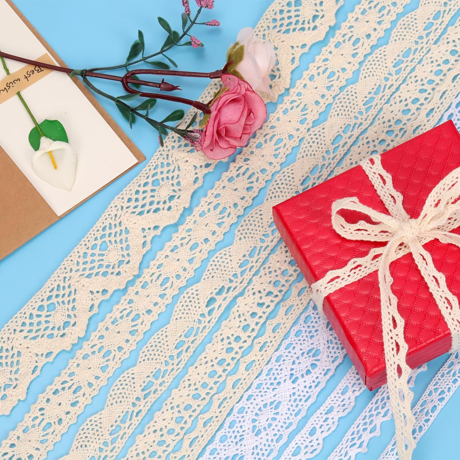 Glarks 9 Rolls 41M Cotton Lace Trim, 9 Styles Beige and White, Vintage Ribbon Cotton Lace Trim, Cotton Crochet Lace Ribbon, Craft Lace Crochet Sewing for Gift Package Wrapping, Wedding Decoration image number 2