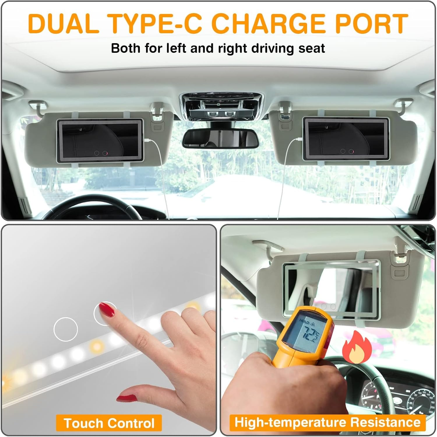 Rechargeable Car Vanity Mirror with LED Lights for Sun Visor &ndash; 3 Light Modes, Dimmable Touch Screen, Memory Function &ndash; Makeup Mirror for Car, SUV, Truck &ndash; Universal Fit (White) image number 4