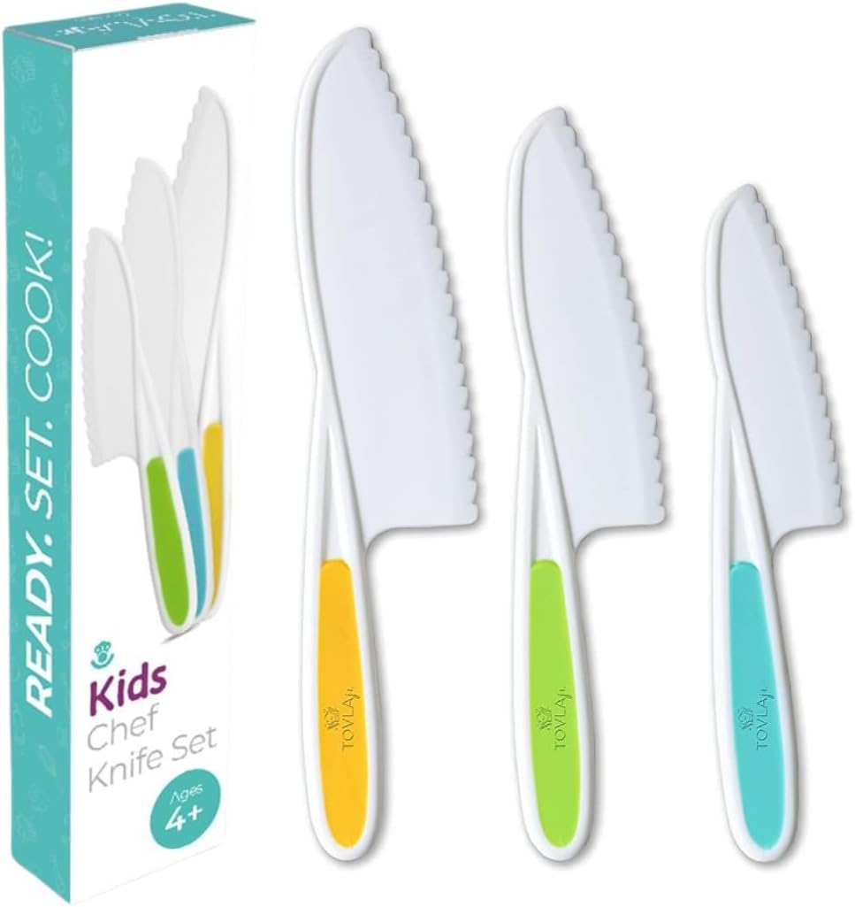 Tovla & Co. Knives for Kids 3-Piece Nylon Kitchen Baking Knife Set: Children'S Cooking Knives in 3 Sizes & Colours/Firm Grip, Serrated Edges, Bpa-Free Kids' Knives (Colours Vary for Each Size Knife)