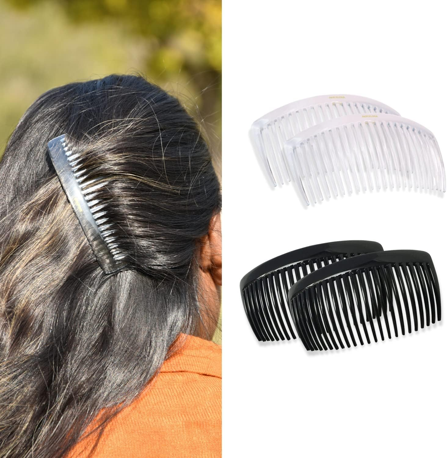 Parcelona French Pair of Clear Crystal Color Large Glossy Cellulose Acetate Good Grip Updo 23 Teeth Hair Side Combs 4.25 Inch