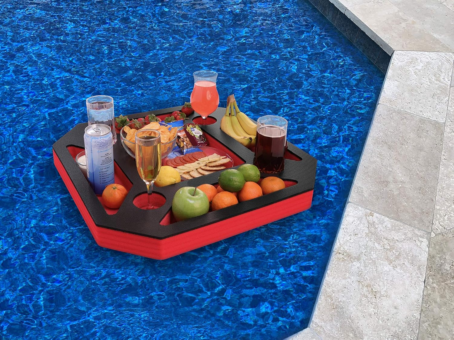 Polar Whale Large Floating Spa Hot Tub Bar Drink and Food Table Red and Black Refreshment Tray for Pool or Beach Party Float Lounge Durable Foam 23.5 Inches 9 Compartment UV Resistant image number 1