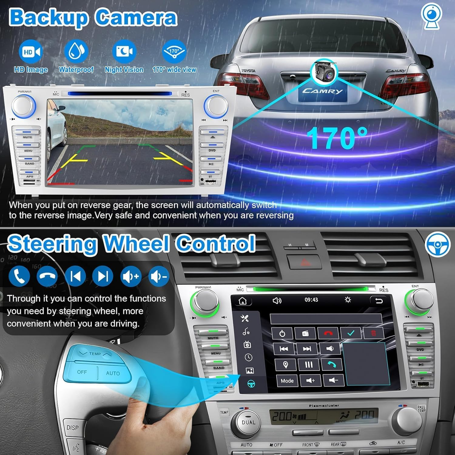 Car Radio for Toyota Camry 2006 2007 2008 2009 2010 2011, 8-Inch Touch Screen Car Stereo Support Cd/Dvd,Carplay&Android Auto, Bluetooth5.2&Voice Control, Backup Camera& SWC,AM/FM Car Radio Receiver image number 2