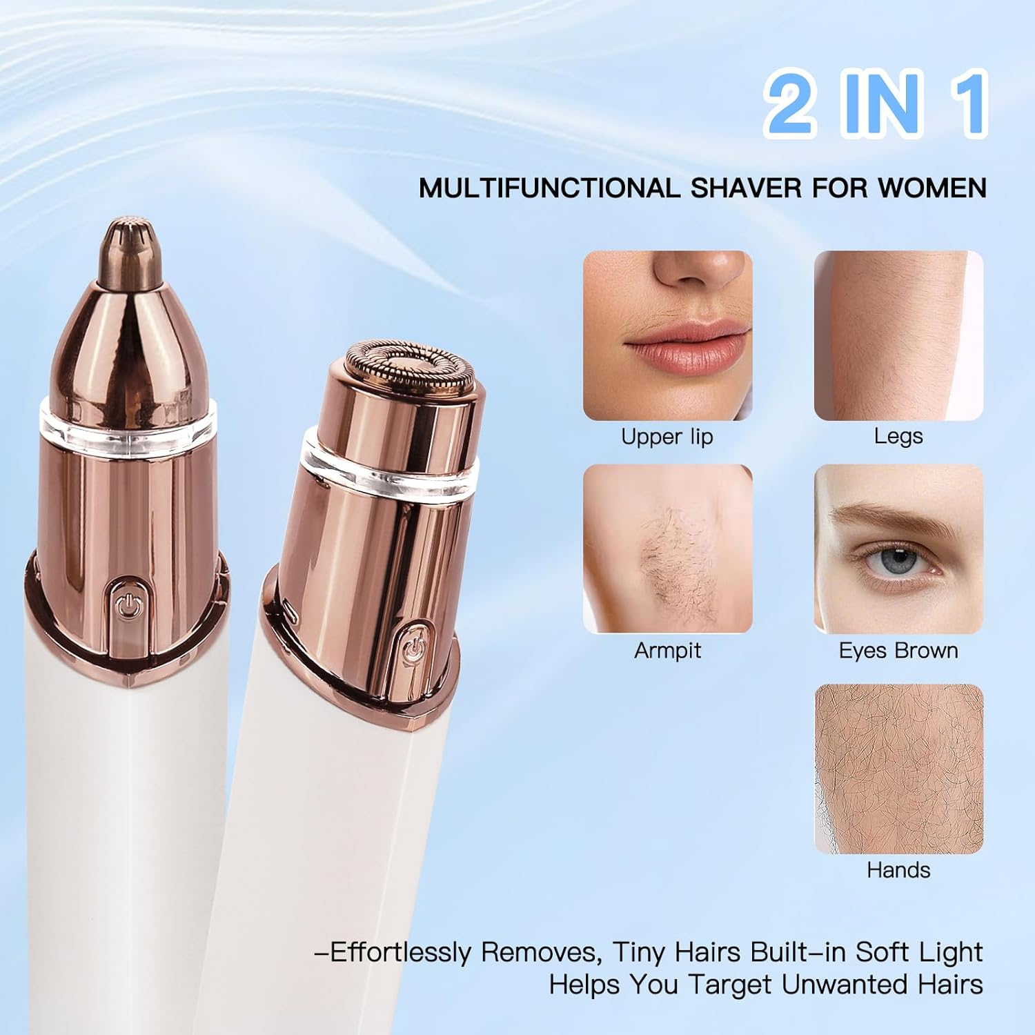EDIMENS 2-In-1 Rechargeable Eyebrow Trimmer & Facial Hair Remover for Women - Painless Flawless Hair Removal with LED Light for Eyebrows, Lips, Nose & Body (Champagne) image number 5