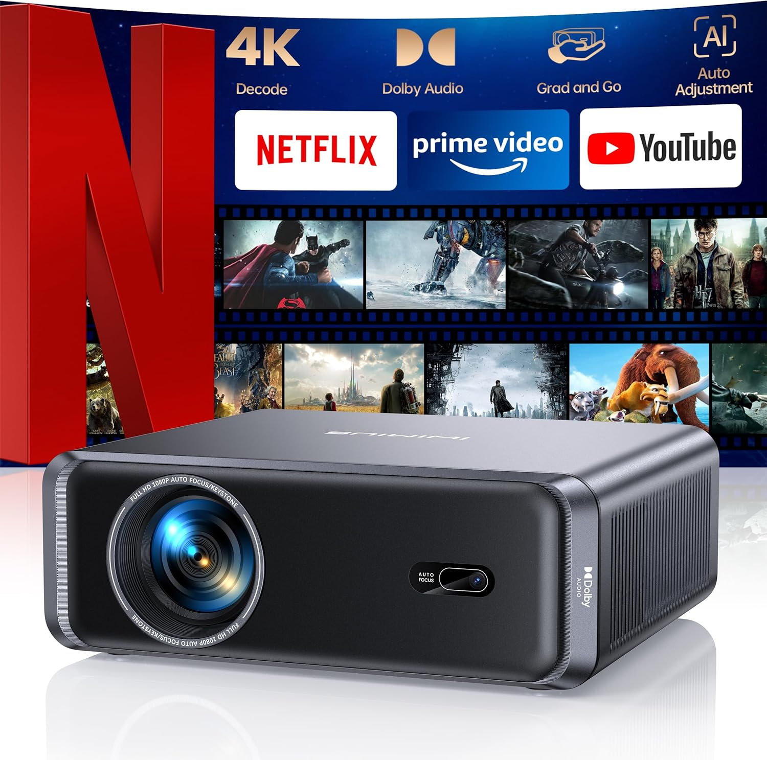 Projector 4K[Netflix-Licensed/Dolby Audio/Compact Design]1000Ansi Smart AI Auto Focus/Keystone/Image Alignment/Obstacle Avoidance Portable Projector,Wifi6 Bluetooth Outdoor Projectors for Bedroom/Home image number 4