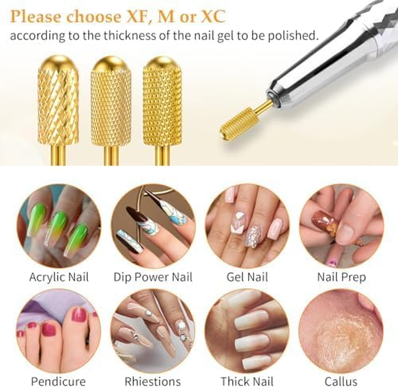 Jerssamy Nail Drill Bit Set,3 Pcs Safety Bits for Nails Drills,Carbide Nail Drills Bits for Manicure Pedicure Cuticle,Smooth round Nails Drill Bit(Xc & M & XF Gold)