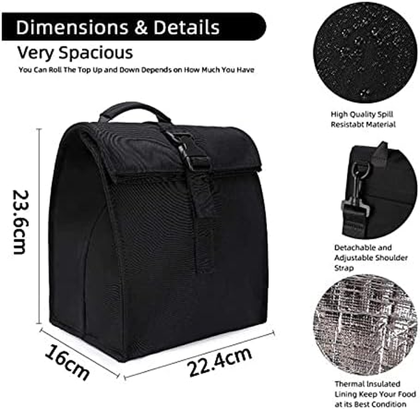 Insulated Lunch Bag Rolltop,Insulated Foldable Lunch Bag,Foldable Lunchbox Leakproof Cooler Bag, Insulated Lunch Bag,Adjustable Shoulder Strap Lunch Box Bag for School Office (Black) image number 6