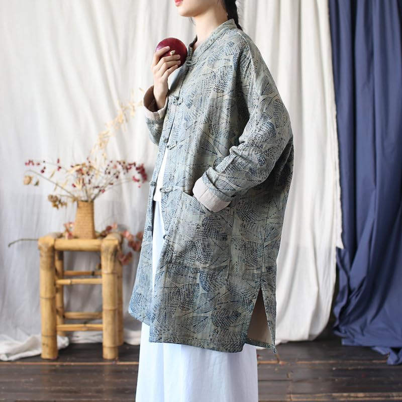 Women'S Vintage Chinese Style Cotton Linen Jacket Long Sleeve Frog Button Loose Leaf Print Tunic Top image number 4