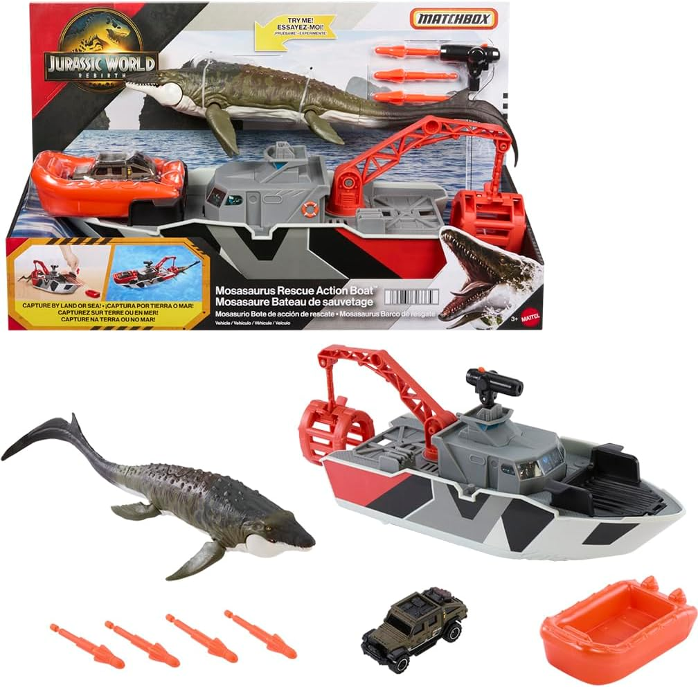 Mattel Matchbox Toy Car Playset, Jurassic World 12.5&rdquo; Dino Boat with 13&rdquo; Mosasaurus Dinosaur, 1:64 Die-Cast Jeep, Harpoon Missiles & Detachable Rescue Boat