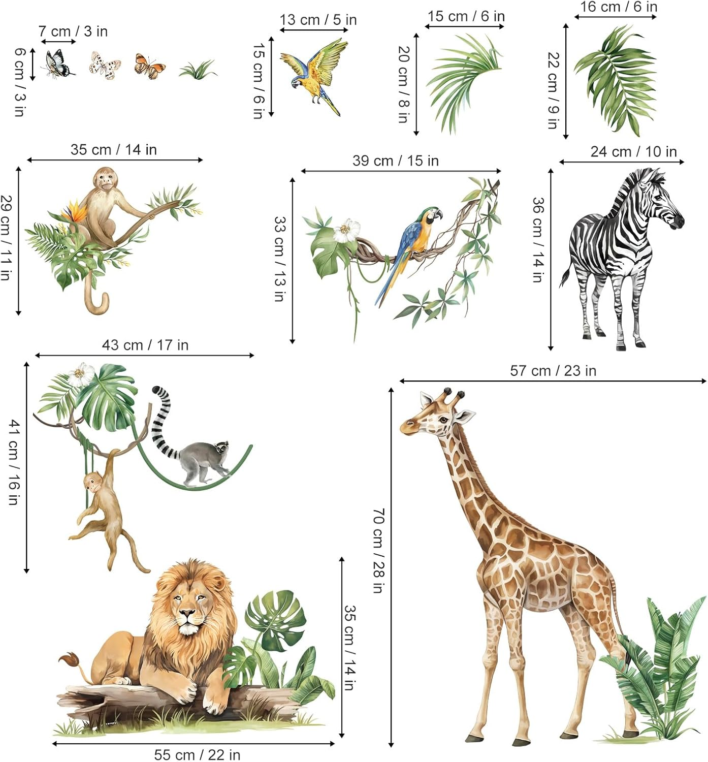 Decalmile Large Jungle Animal Tropical Leaves Wall Decals Safari Tree Lion Giraffe Monkey Wall Stickers Baby Nursery Kids Bedroom Living Room Wall Decor image number 4