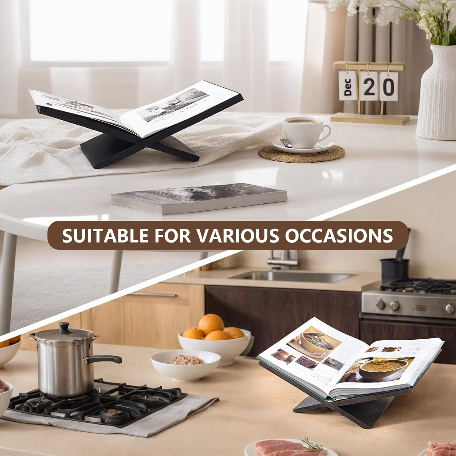 PUERSI Open Book Display Stand, Wooden Large Book Holder, Coffee Table Book Stand, Wood Book Easel for Magazine, Art Book, Cook Book, Bible, Quran - Black