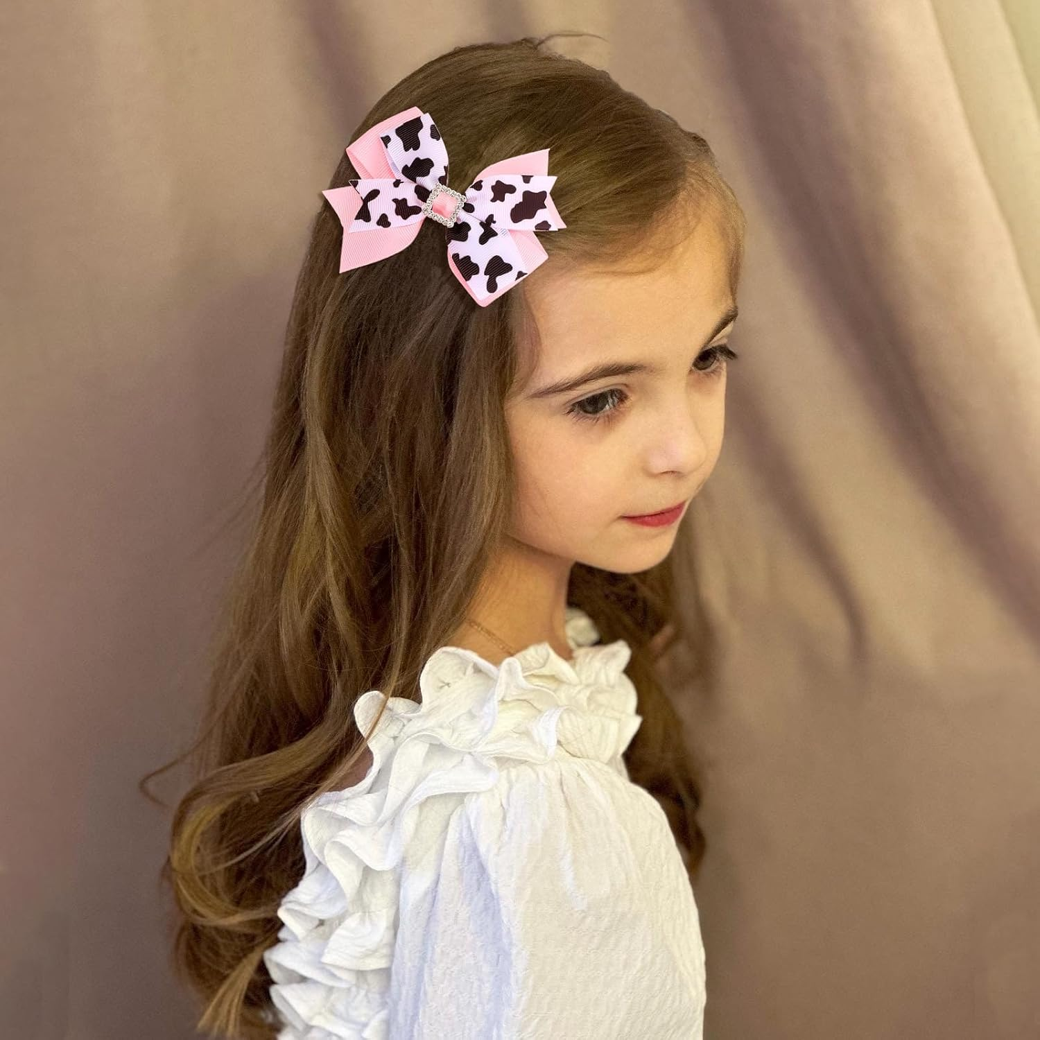 JDFHFGB 2 Pcs Cute Bowknot Hair Clips, Pink Hairpin with Cow Print and Bling Rhinestone Decorated Hair Accessories Clips for Baby Grils Teen Women ，- 4.3" Alligator Barrettes with Ribbon Bows for Cowgirl Parties image number 5