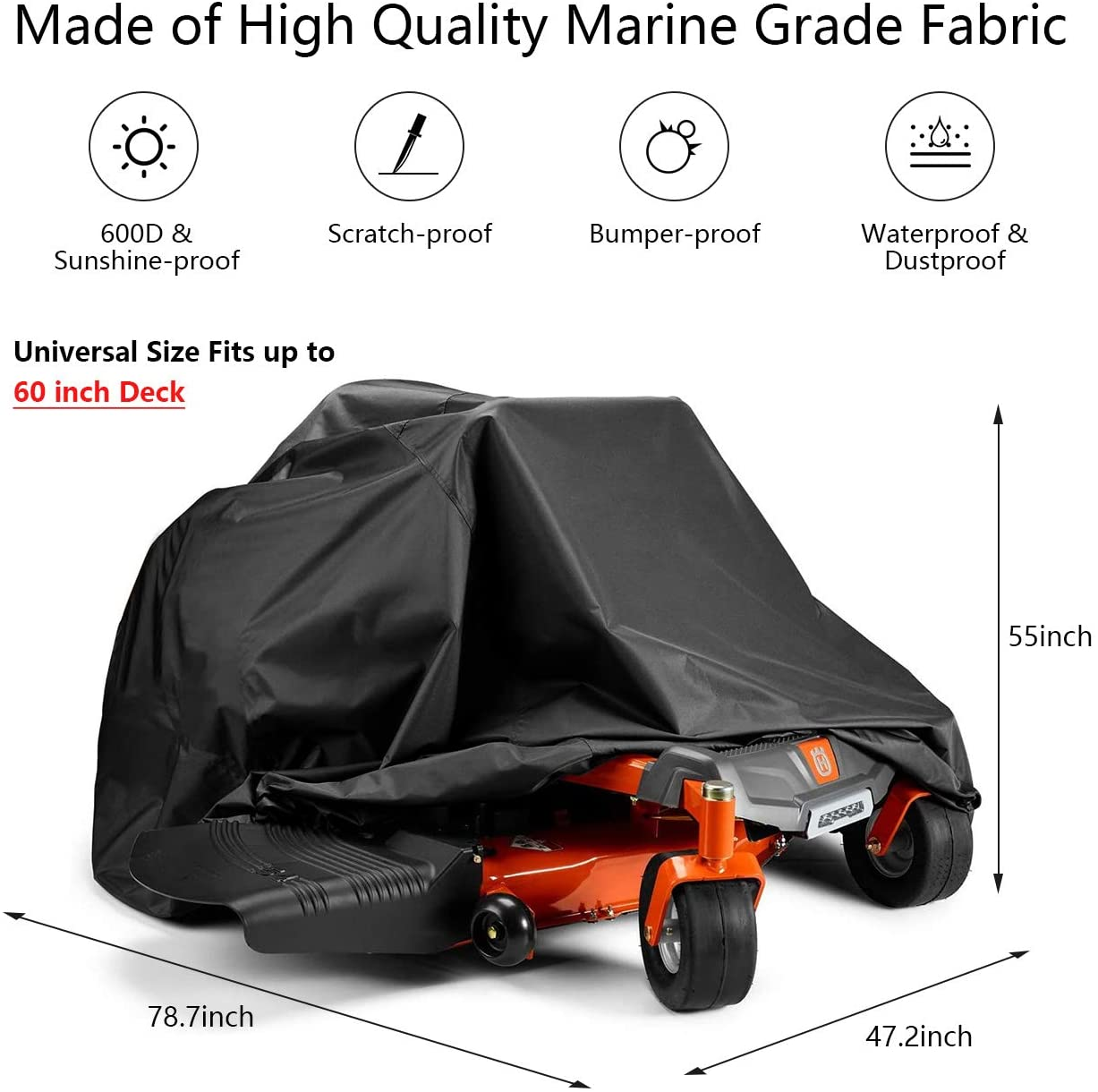 Zero-Turn Mower Cover, Universal Fit 600D Polyester Oxford, Weatherpoof UV with Windproof Buckle, Drawstring, Tractor Cover up to 60" Lawn Mower Decks for Greenworks, EGO, Craftsman, Husqvarna, Honda image number 4