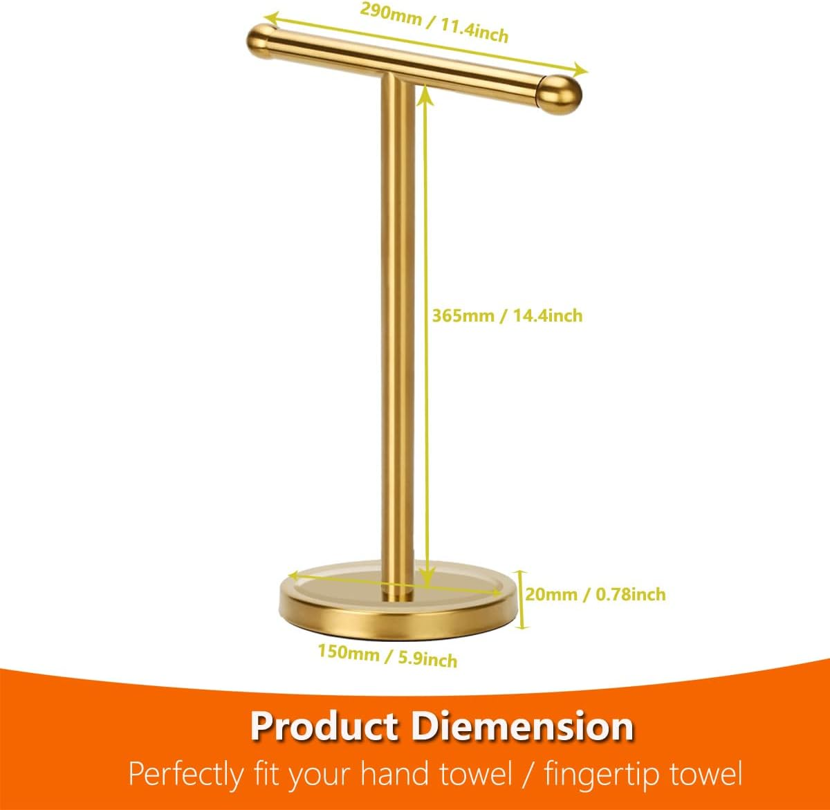 Gold Hand Towel Holder Stand with Heavy Stainless Steel Base, T-Shape Towel Rack, Free-Standing Towel Holder Countertop for Bathroom (Brushed Gold) - Brushed Gold image number 2