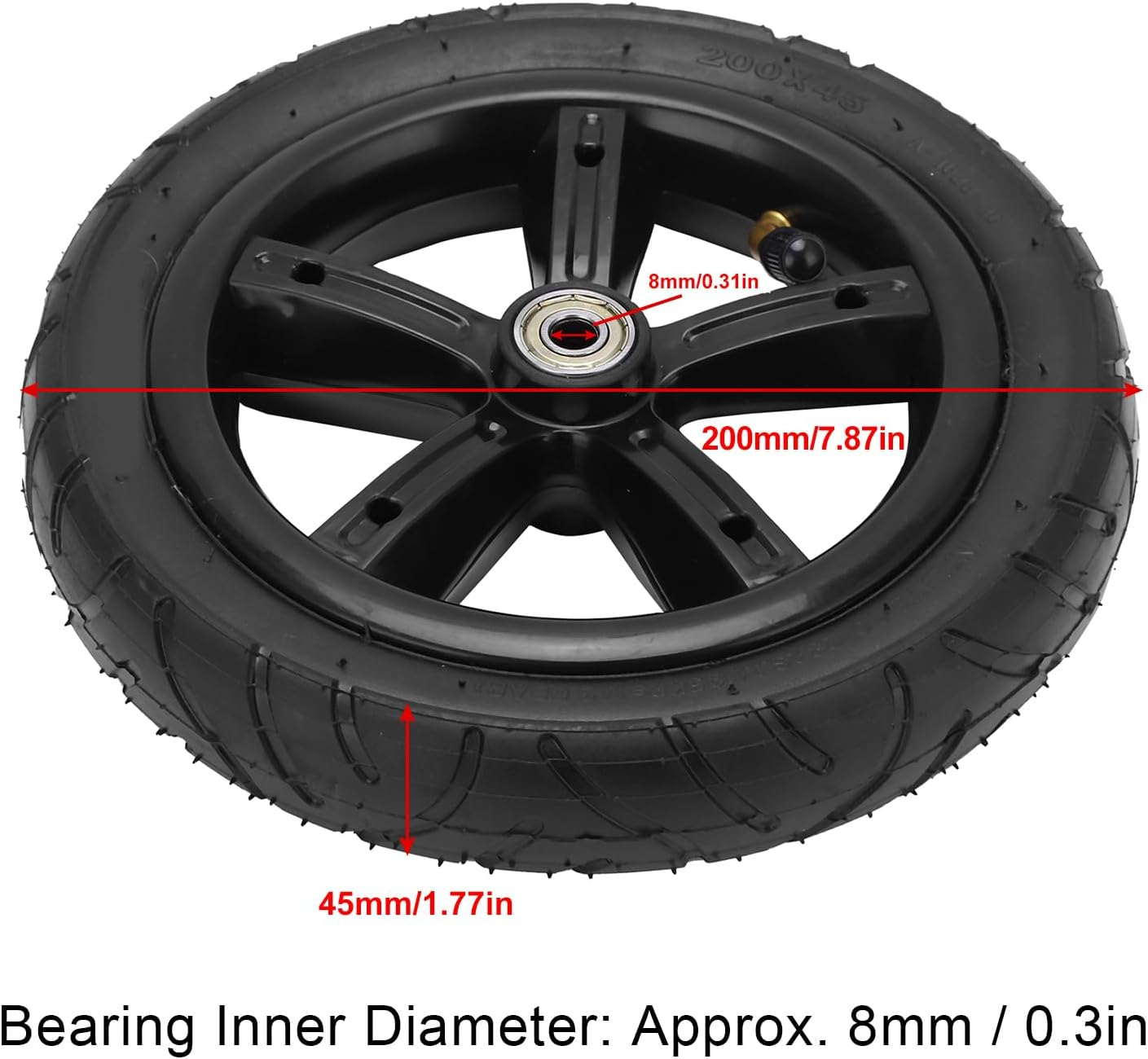 8 Inch Air Wheel with Air Chamber, Replacement Wheel for Electric Scooter, Thick Road Bike Chamber Replacement for Electric Scooter with Hub and Bearings image number 6