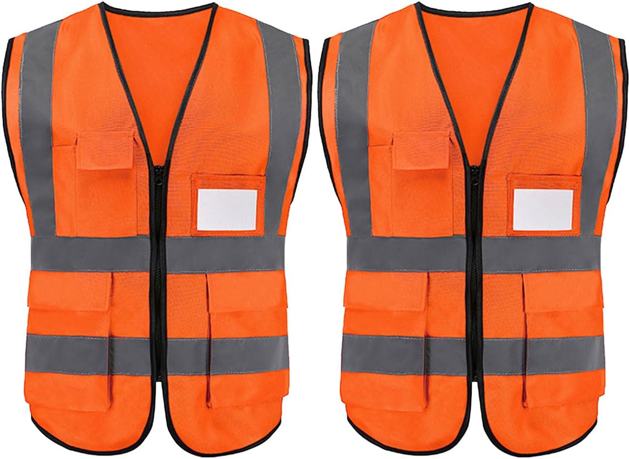 2 Pack Bokmaton High Visibility Zipped Vest, Hi-Vest with Reflective Strips for Safety Work on Construction Site image number 1