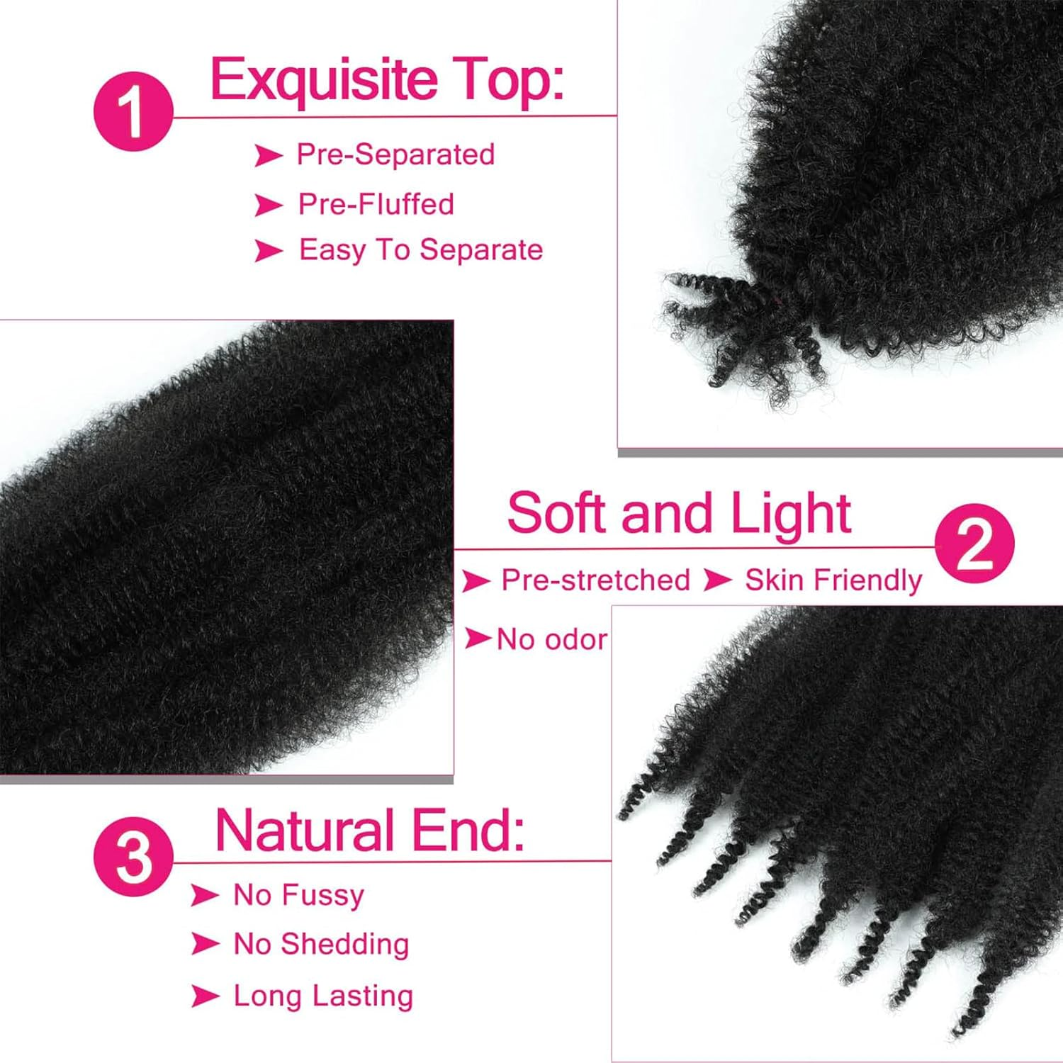 BLTYXT Springy Afro Twist Soft Pre Separated Synthetic Marley Twist Braiding Hair for Locs Crochet Hair Extensions (24 Inches (Pack of 3), 1B) image number 4