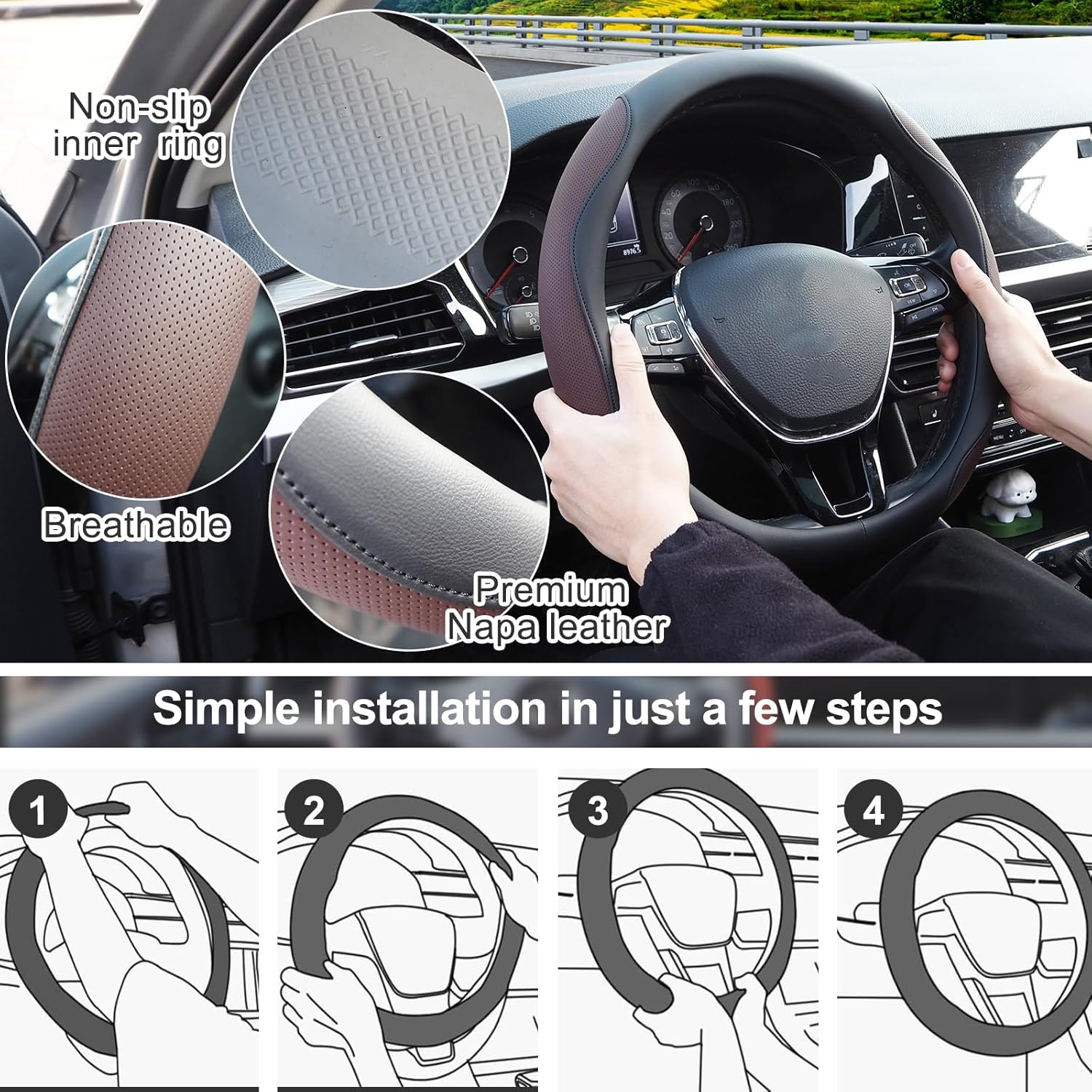 Nappa Leather Car Steering Wheel Cover, anti Slip, Thin, Breathable, Odor-Free, Universal 14.5-15 Inches Fit, Car Steering Wheel Cover Full Surround Aeecssories (Black B-Nappa Leather) image number 4