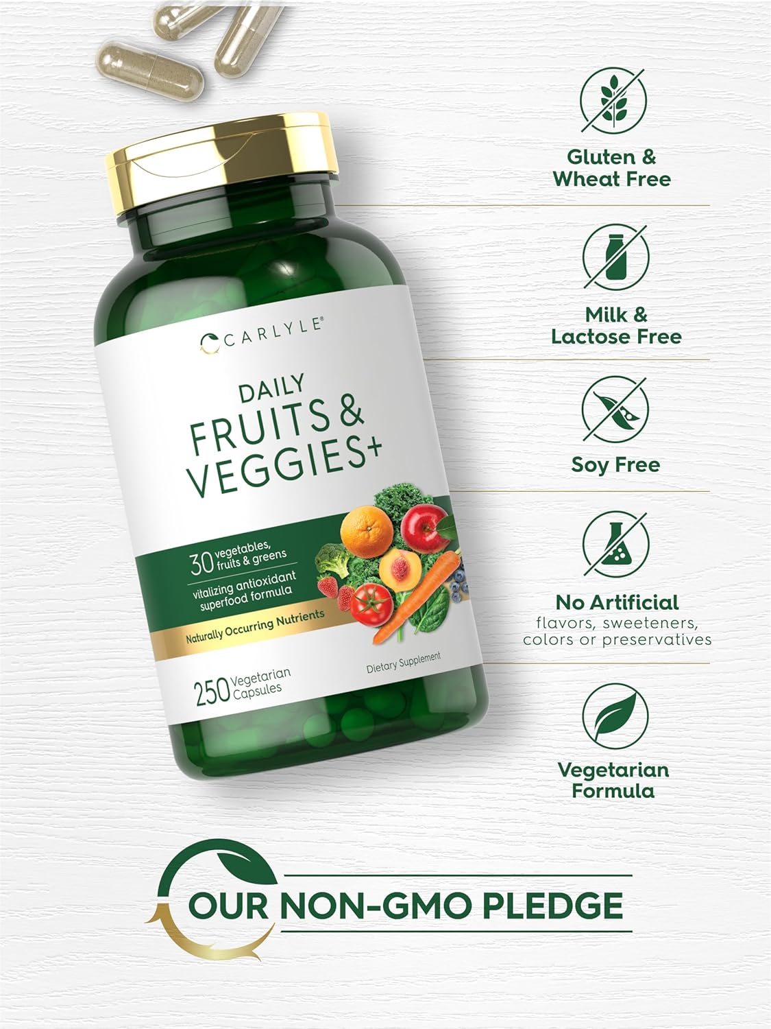 Fruits and Veggies Supplement | 250 Capsules | Made with 32 Fruits and Vegetables | Vegetarian, Non-Gmo, Gluten Free Superfood Formula | by Carlyle image number 5