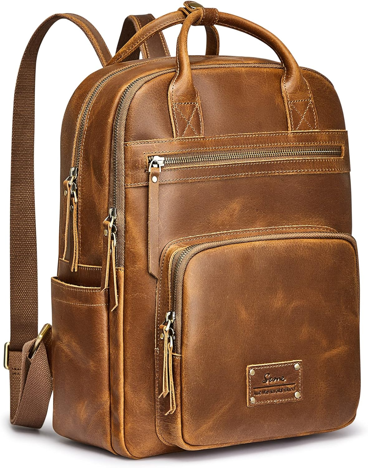 S-ZONE Vintage Genuine Leather Backpack Purse for Women Men Rucksack Travel Daypack with Luggage Sleeve