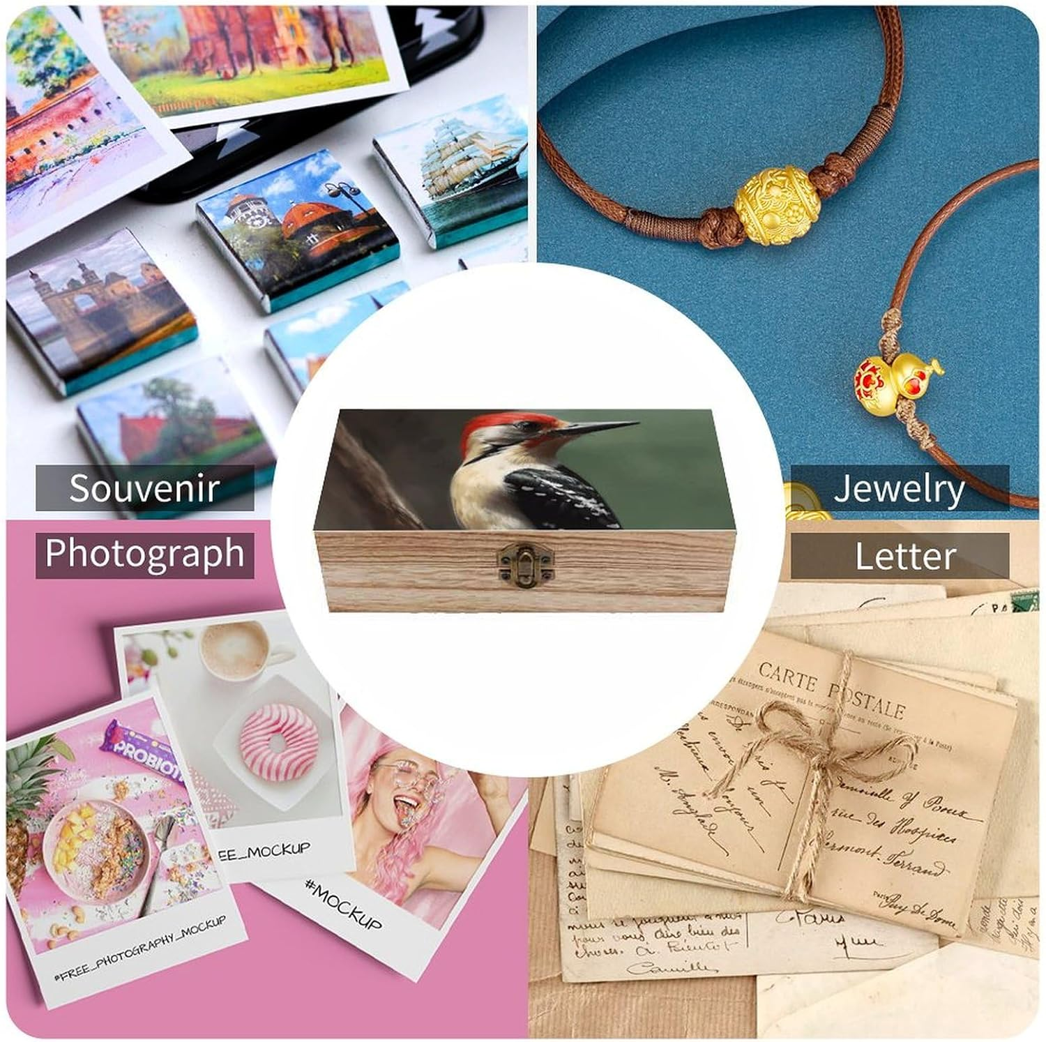 Woodpecker Wooden Box Wood Wedding Keepsake Boxes with Lids Small Decorative Boxes Lightweight Wooden Memory Storage Box for Crafts Keepsakes Jewelry Photo Letter Storage image number 4