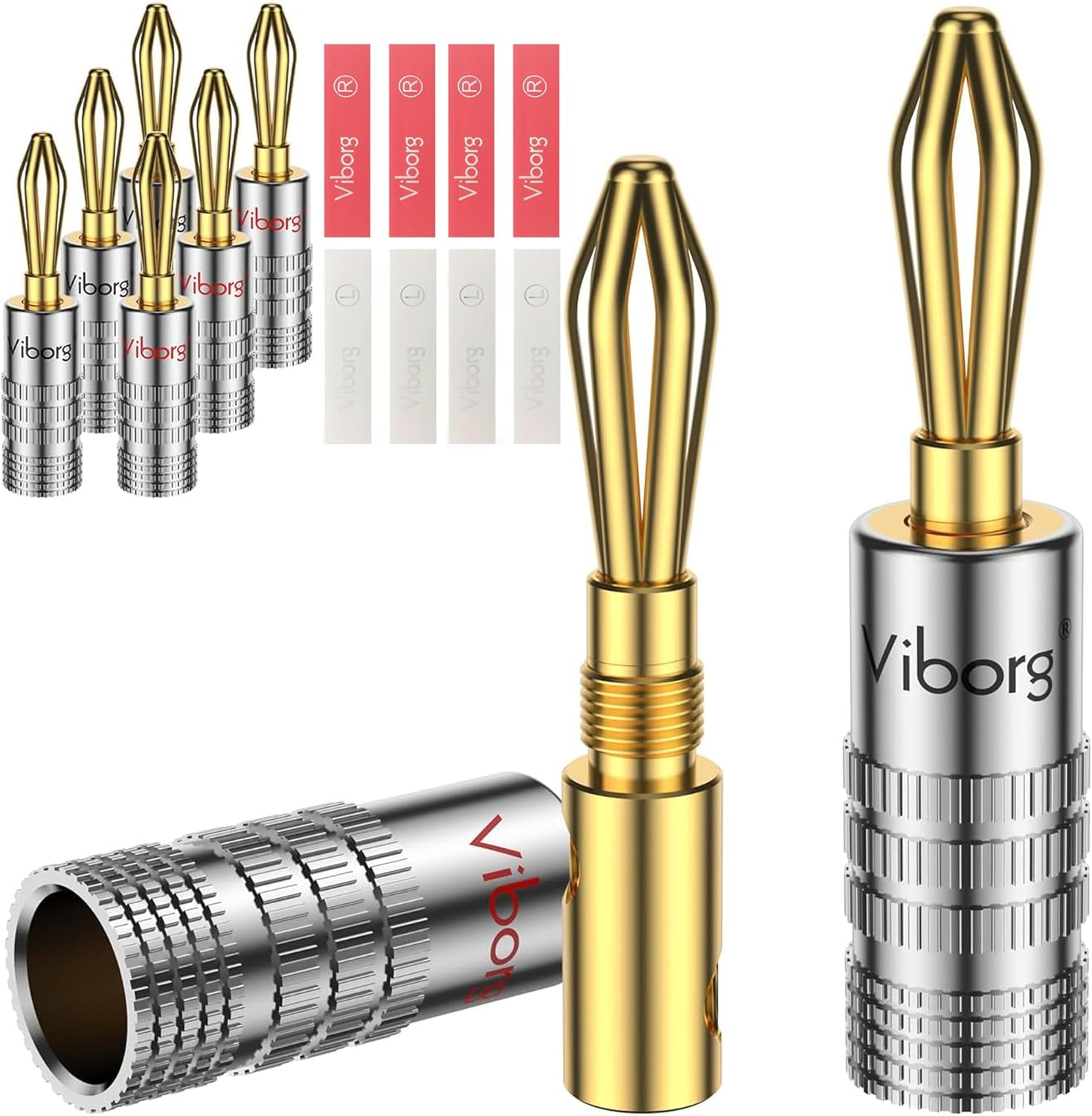 Viborg 4Pairs Hifi Speaker Banana Connectors 24K Gold-Plated Hi-End Audio Speaker Banana Plug Dual Screws Locking or Soldering Banana Jack Terminals for Speaker Cable (Support 8 AWG to 20 AWG Wires) image number 1