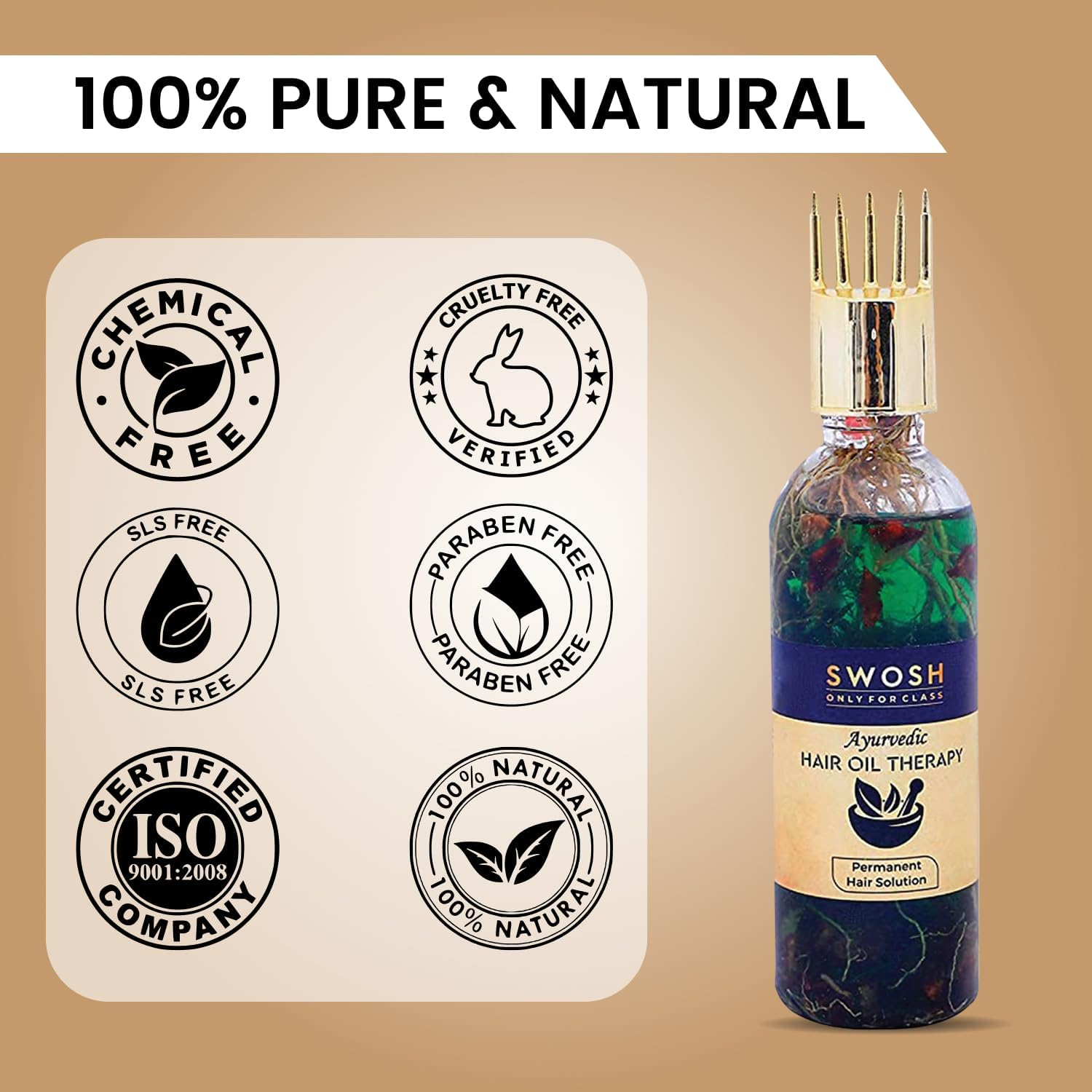 SWOSH 100% Ayurvedic Hair Oil, Bhringraj and Amla Oil, Reduces Hair Loss and Improves Hair Growth, No Parabens, Sulphates, Silicones or Synthetic Colours, 100Ml image number 1
