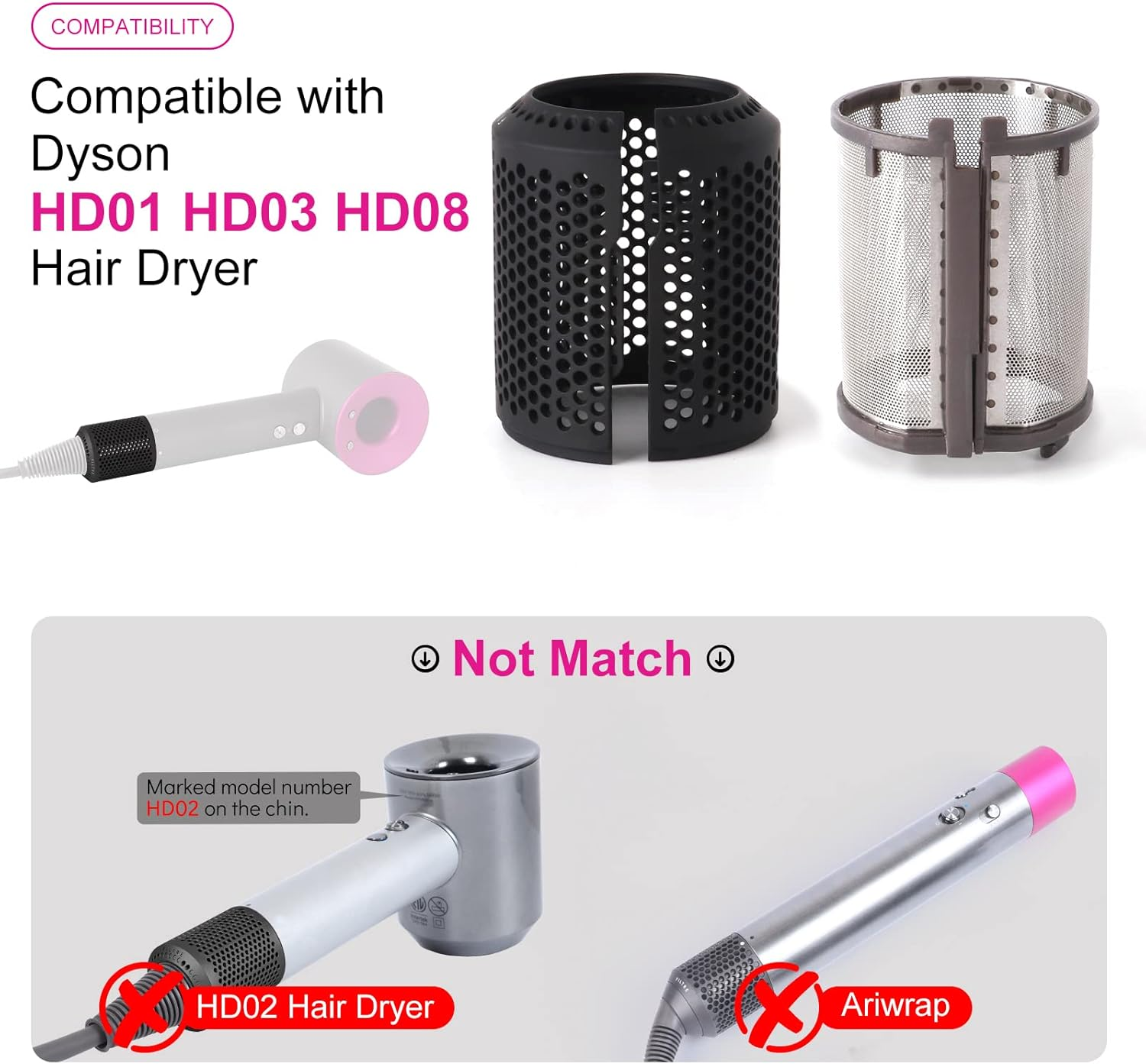 Hair Dryer Inner Filter + Outer Filter Cage Replacement for Dyson Hair Dryer HD01 HD03 HD08 Models, Hair Dryer Filter Mesh Filter Cover Cap Protect Attachments Easy Disassembly (Black) image number 2