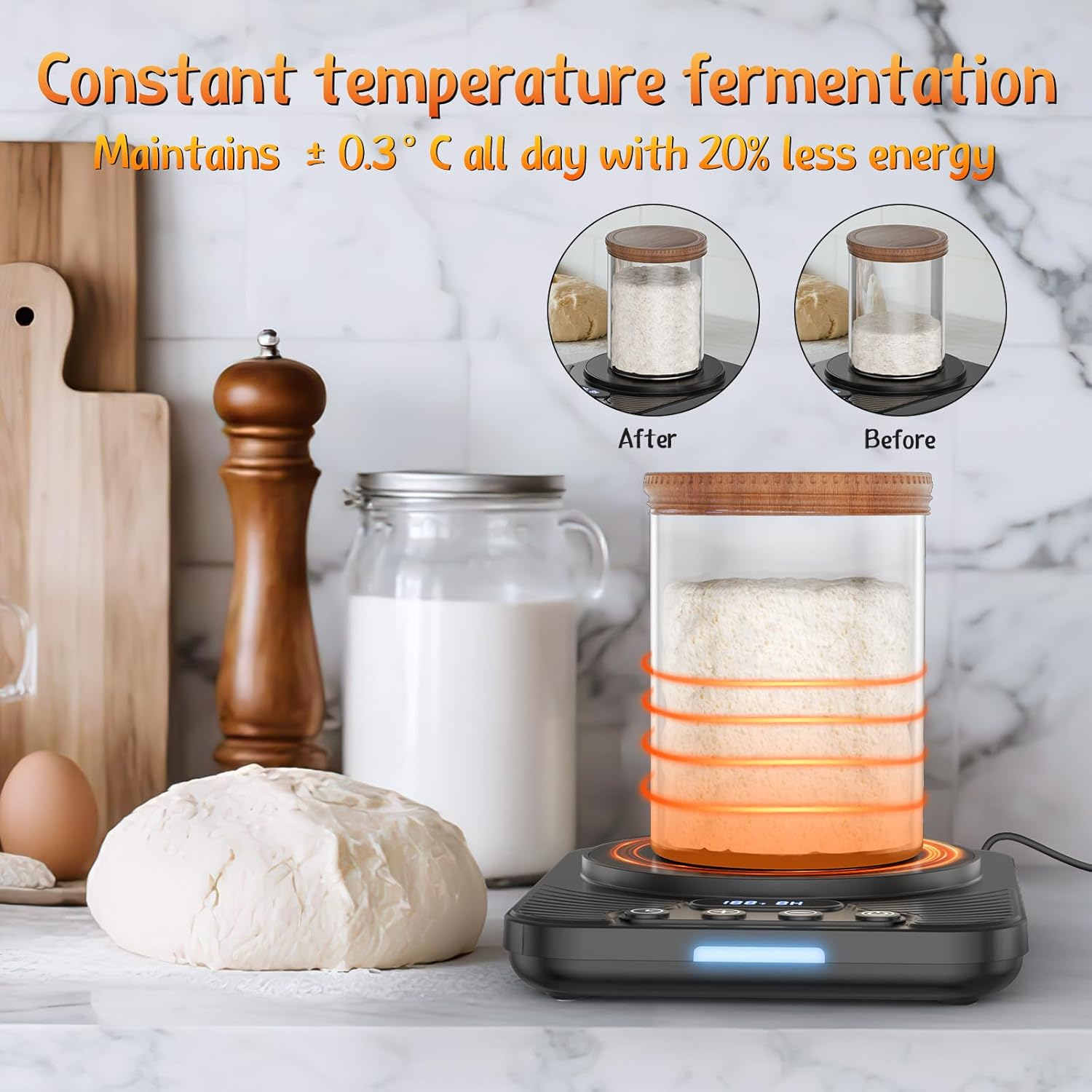 70-110&deg;F Sourdough Starter Warmer with Precision Temperature Control USB Powered | &plusmn;1&deg;F Accurate Adjustment | 24-Hour Timer | Suitable for Sourdough, Pizza Dough, and Yogurt Fermentation (Black) image number 3