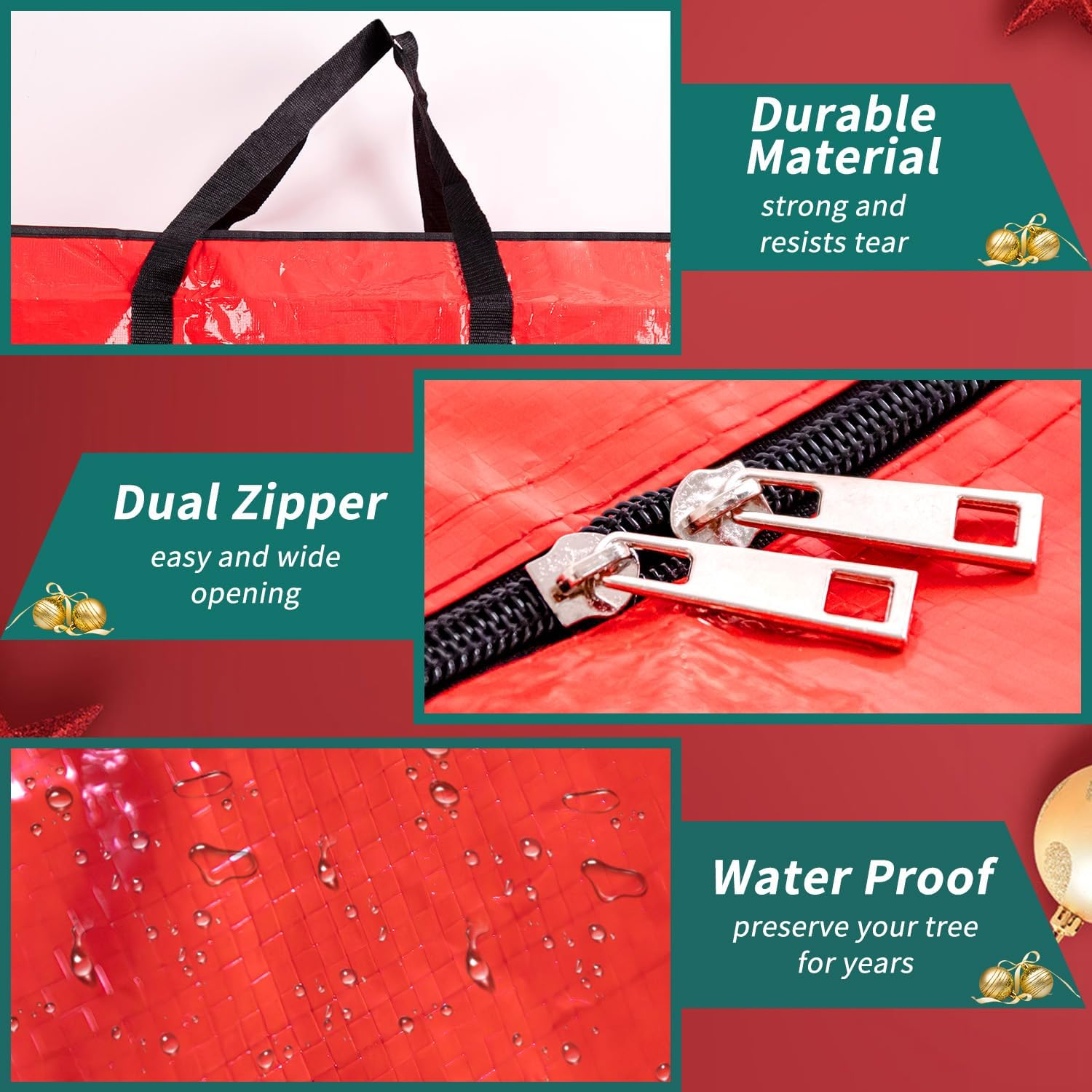 Christmas Tree Storage Bag, Heavy Duty 9 Ft Artificial Xmas Holiday Tree Storage Zippered Bag with Carry Handles, Durable Waterproof Material, Protect against Dust, Insects & Moisture (Red) image number 2