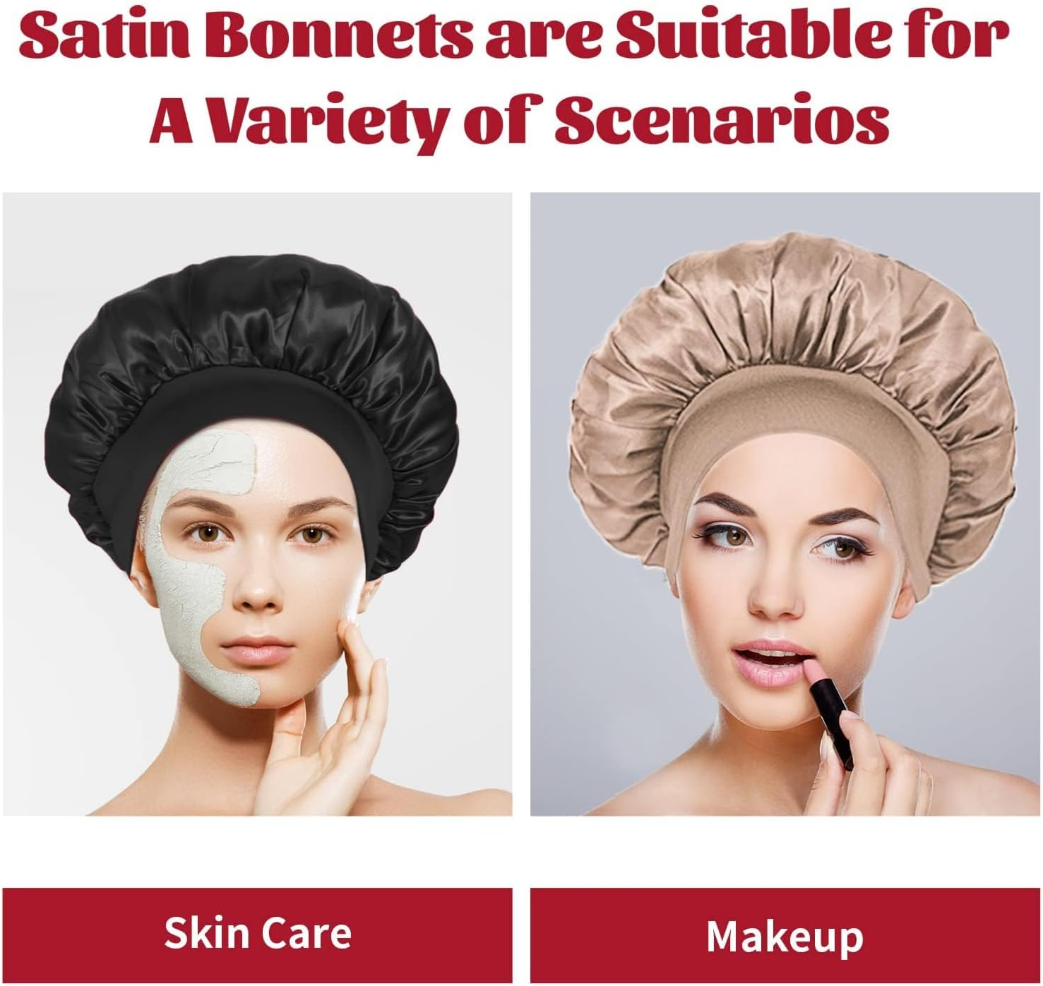 2Pcs Silk Bonnet for Sleeping, Satin Hair Bonnets, Soft Elastic Band Silk Sleep Cap, Silk Hair Wrap for Curly Hair image number 2