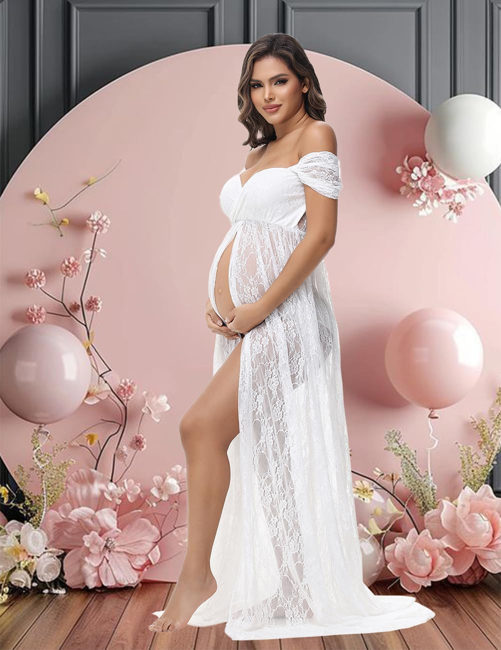 Justvh Maternity Dress for Photoshoot Chiffon off Shoulder Split Maxi Photography Gown with Flowy Long Train image number 6
