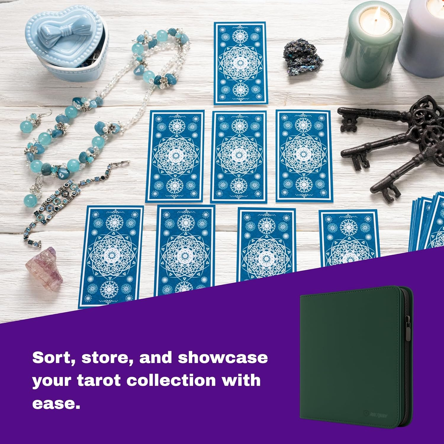 Tarot Card Binder PU Leather &ndash; Holds 80 Cards, Zippered Storage Case for Tarot & Oracle Cards &ndash; Portable Album with Expandable Sleeves, Double-Sided Sheets (Green)