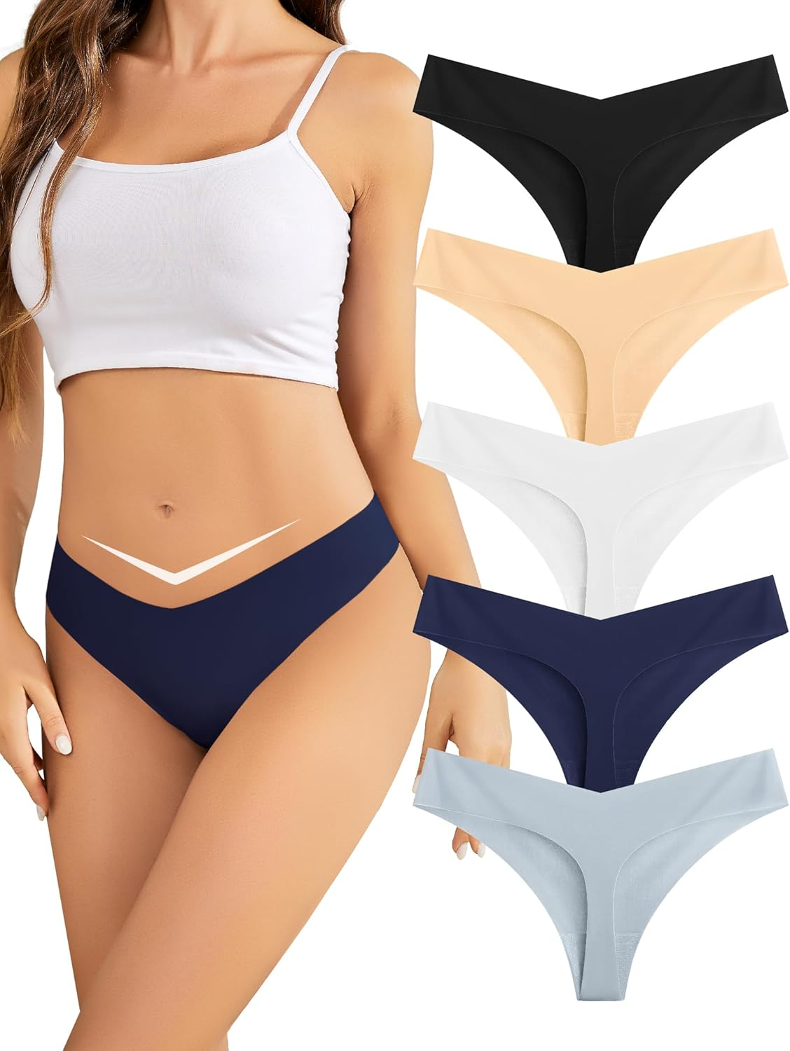 VOENXE Seamless Women Underwear Thong,Low Rise No Show Line Ladies Panties,Sexy V Waisted Seam Free Comfortable Breathable Invisible Undies 5-Pack
