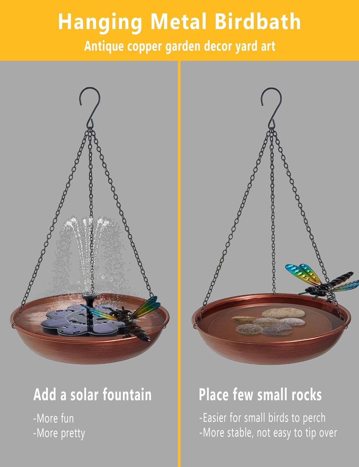 Hanging Birdbath Bird Feeder for Outdoor 11&rdquo; Antique Copper Cute Small Metal Bird Bath Bowl with Detachable Black Chain Metal Dragonfly for Garden Backyard Decor image number 3