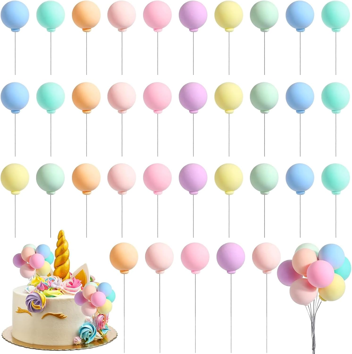 40Pcs Mini Balls Cake Topper, Colorful Balloon Rainbow Cake Balls Cupcake Topper, round Balloon Birthday Party Decorations, for Wedding Anniversary Birthday Baby Shower Party image number 5