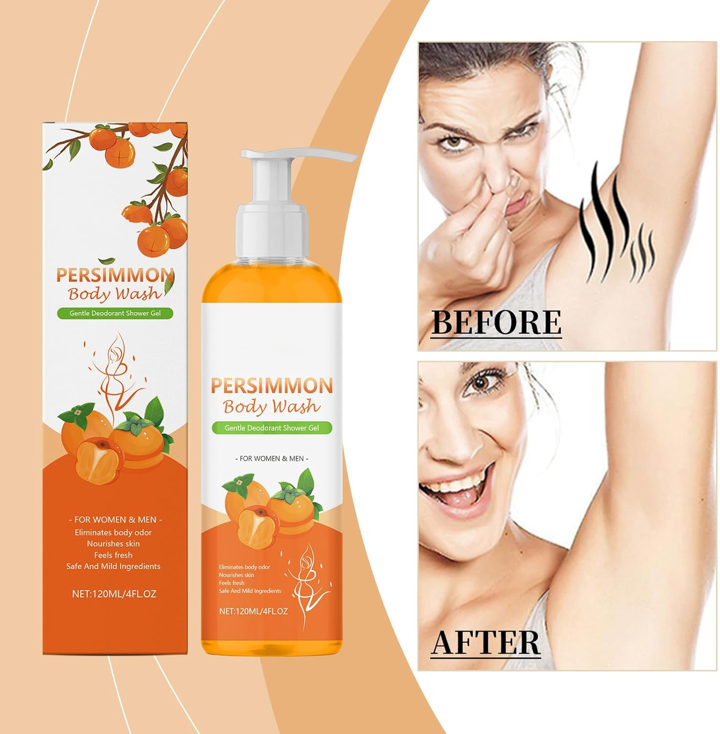 Persimmon Body Wash, Smell Eliminator Deodorant Shower Body Wash for Old People Smell, Moisturising Cleansing Body Deodorizing with Persimmon Extracts, Refreshining Skin (1Pcs) - 2Pcs image number 5