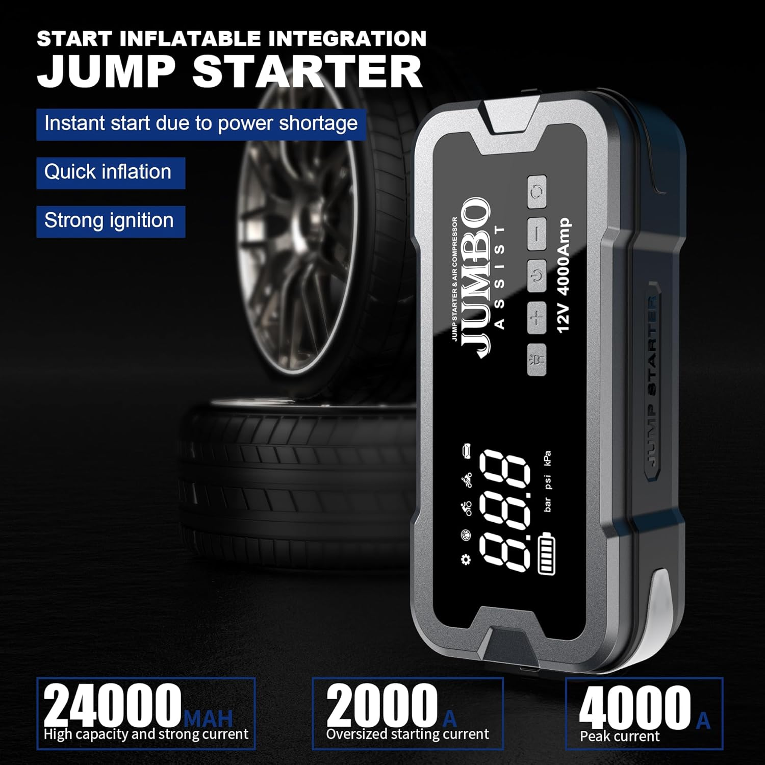 Jump Starter with Air Compressor 150Psi Built-In,12V Powerful 4000A, 24000Mah Slim Powerbank, for 10L Gas, 8L Diesel Engines, Portable Tire Inflator Emergency Kit with High Torch-Lights JUMBO ASSIST image number 6