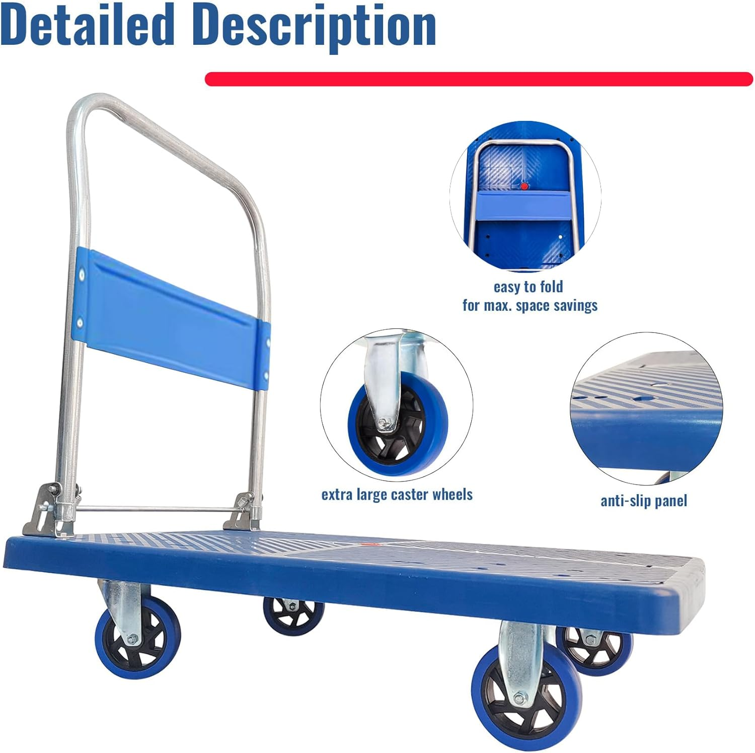Flatbed Cart, 90X60X86Cm, 300Kg Heavy Duty Capacity Platform Hand Truck 360 Degree Swivel Wheels Foldable Push Hand Cart for Loading and Storage image number 3