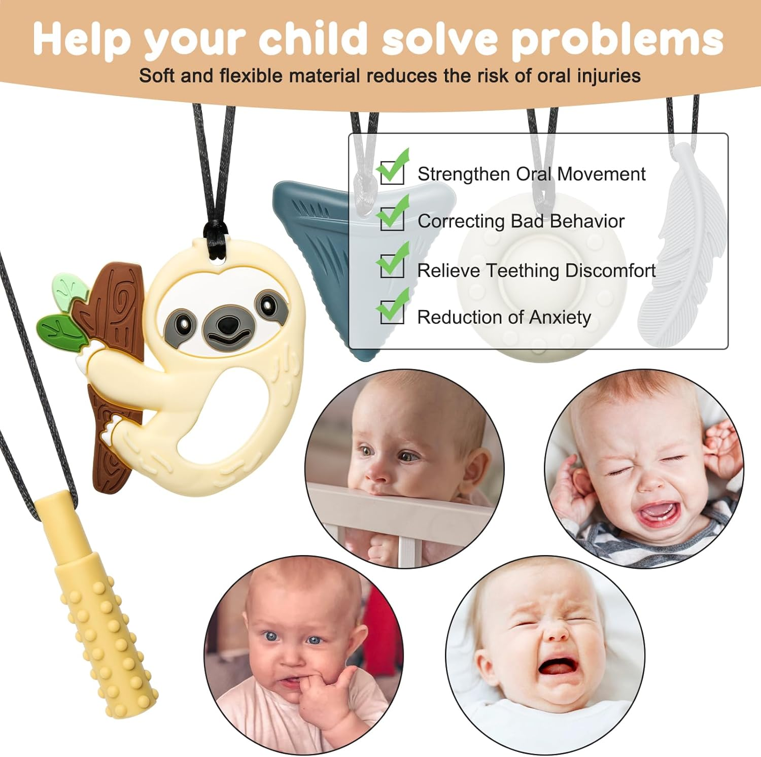 MR.TIMELAG Chew Necklace, 5 Pack Sensory Chew Necklace Bundle for Kids with Teething, ADHD, Autism, Oral Motor Chewy Teether, for Boys&Girls,Silicone Necklace Made from Food Grade Silicone Safety image number 3