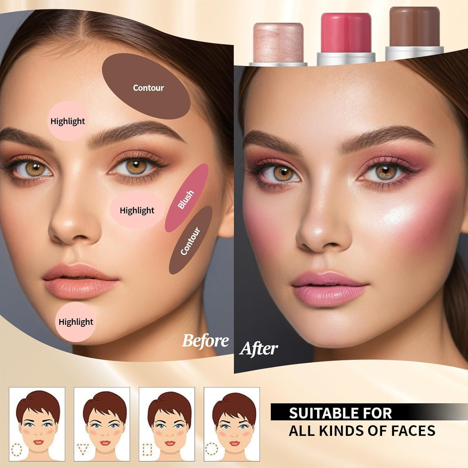 4 Pcs Cream Waterproof Blush Contour Highlighter Stick for Cheeks, Shades with Highlighter & Bronzer & Blush Makeup Stick, Easy to Sculpt the Face and Create a Lightweight Finishing Makeup image number 2