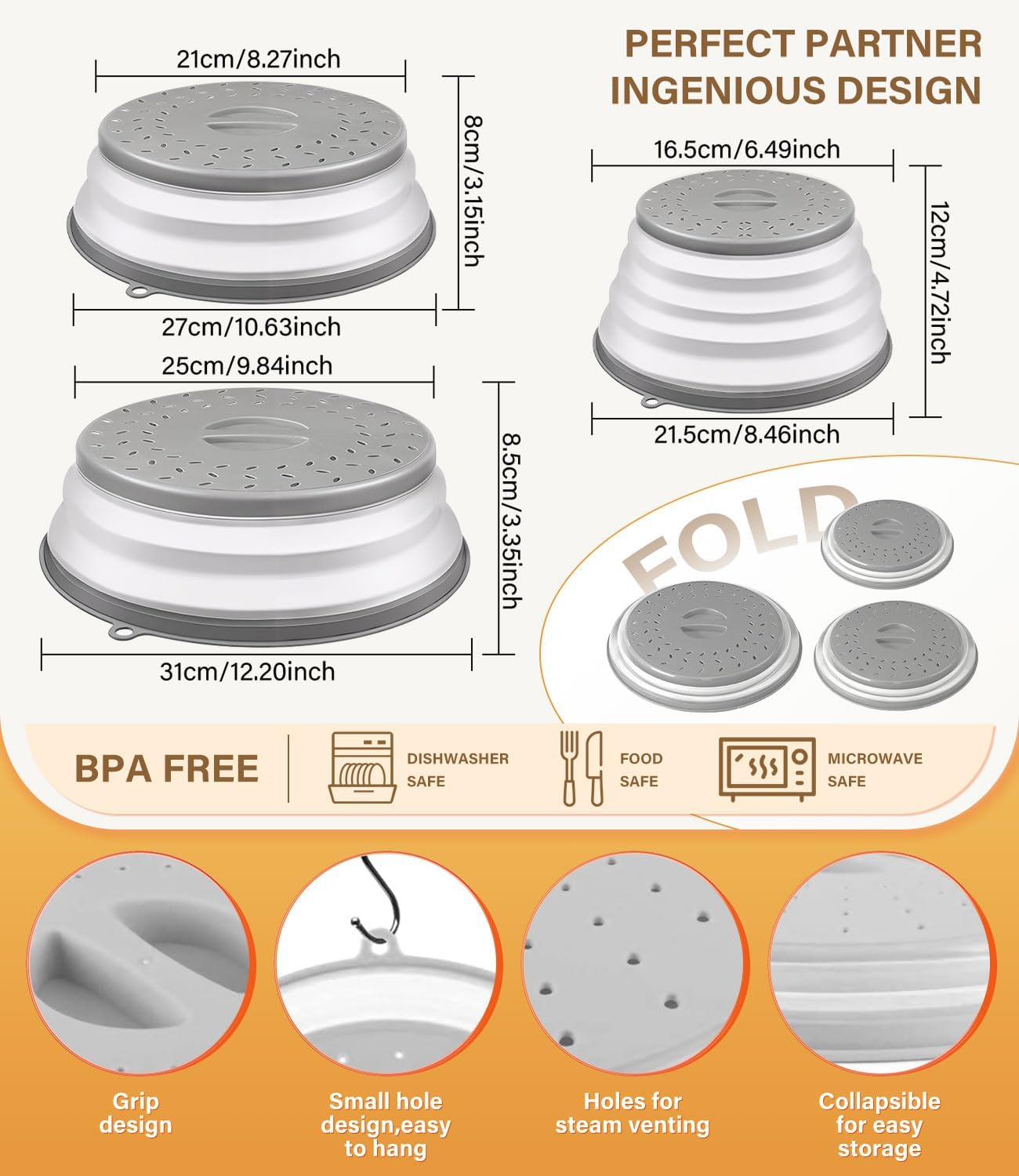 Microwave Cover Collapsible - 3 Pack Silicone Food Plate Lid Covers 21.5/27/31 Cm, BPA Free Vented Splatter Guard Lid with Grip Handle, Kitchen Gadget with Steam Vent & Colander for Meal Prep image number 5
