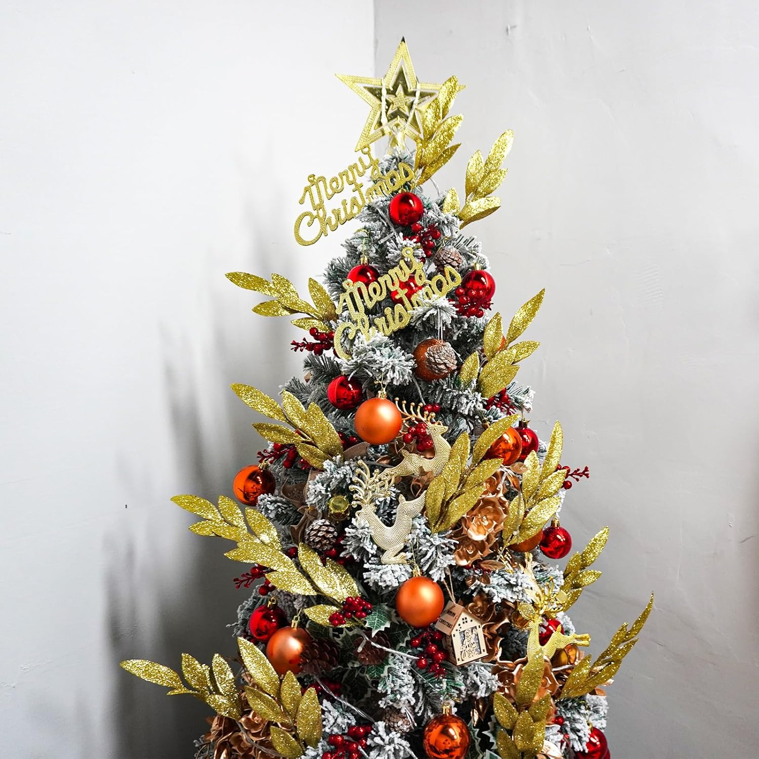 24 Pcs Artificial Glitter Gold Leaves, 13" Glittered Christmas Gold Flowers Leaf Sprays for Christmas Tree Picks, Wreaths, Table Decorations image number 6