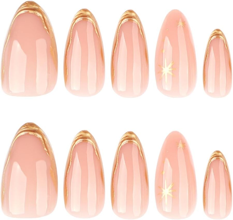 Foccna Press on Nails Almond Fake Nails with Gold Line Design Glue on Nails Acrylic Nails Glossy Full Cover Stick on Nails for Women 24Pcs image number 5