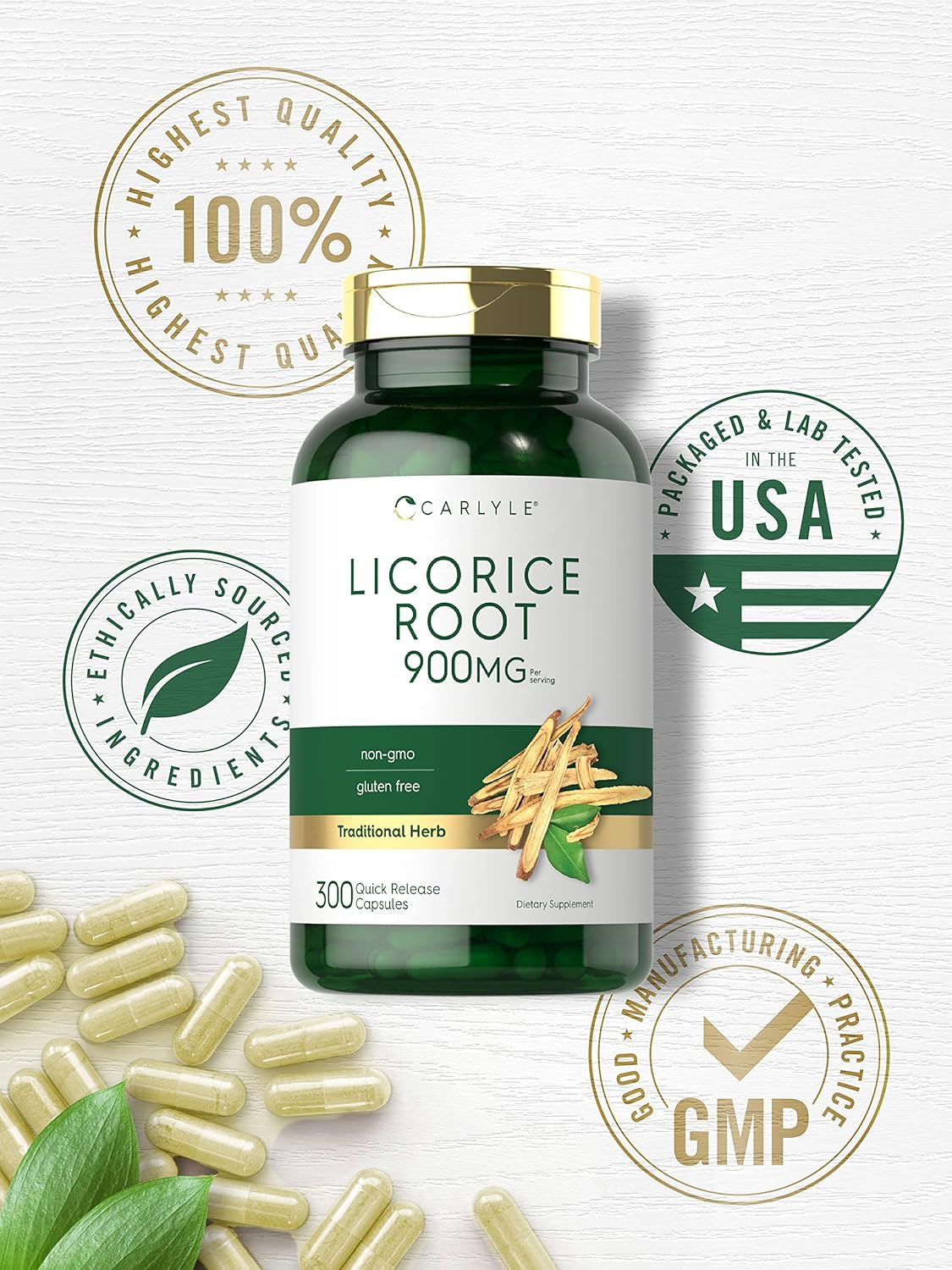 Carlyle Licorice Root Capsules 900 Mg | 300 Count | Root Extract Supplement | Non-Gmo, Gluten Free