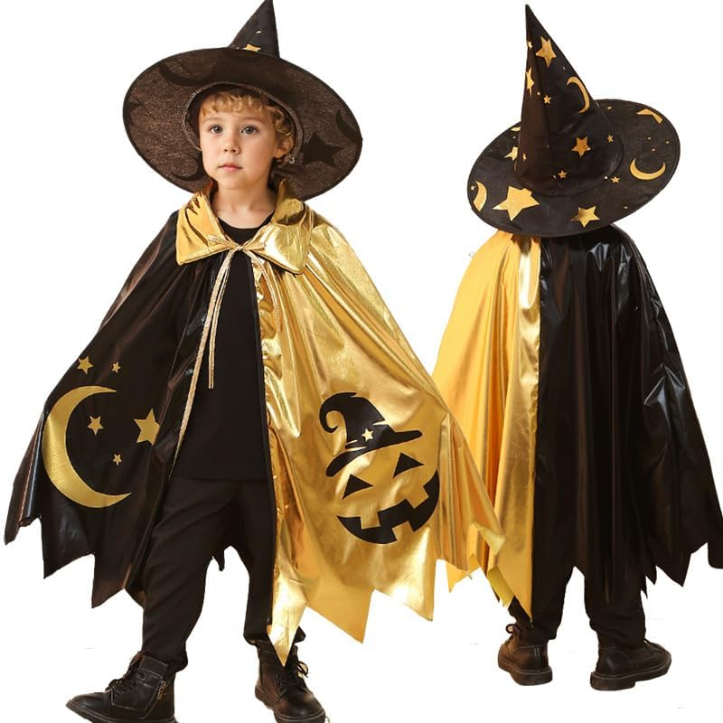 Kids Wizard Cape Set Witch Cloak with Hat Halloween Wizard Role Play Costumes for Boys Girls Halloween Wizard Cosplay image number 2