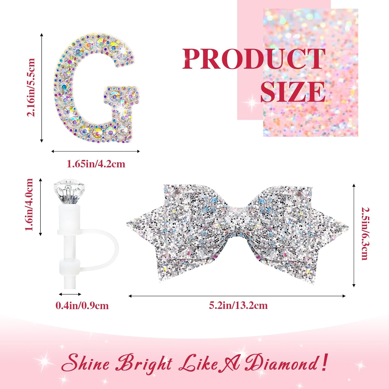 Water Bottle Accessories Set for Stanley Cup 30Oz 40Oz, Bling Letter Charms, Diamond Straw Cover, Glitter Silicone Boot, Personalized Sticker, Bow Straw Topper for Stanley Cup Accessories (G) image number 3