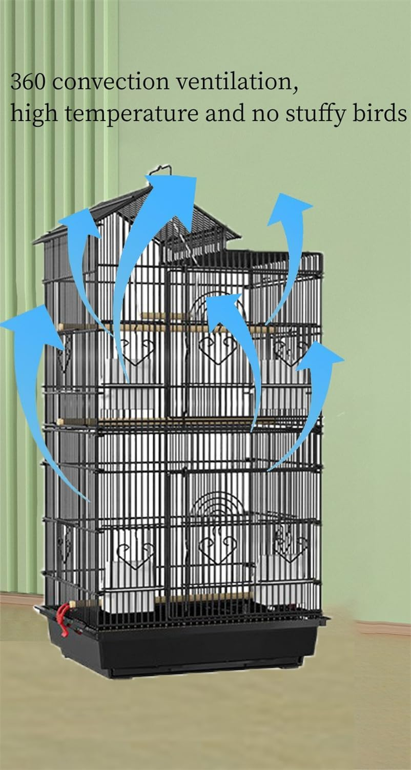 Bird Cage, 3 Perches Small and Medium-Sized, Aviary Parrot Budgie Finch Canary Wheels, Black Slide-Out Removable Tray image number 6